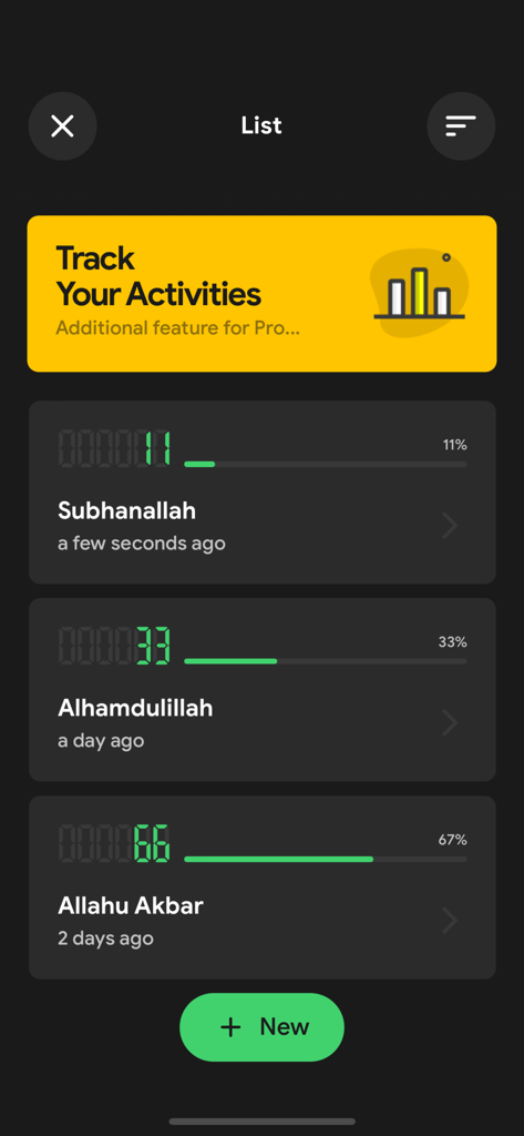A list of saved dhikrs including Subhanallah and Alhamdulillah with progress bars in the Tasbih Counter Pro app