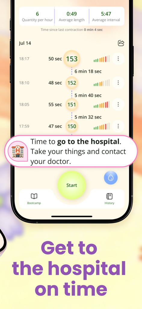 Smartphone screenshot of a contraction timer app showing a labor history and a notification to go to the hospital.