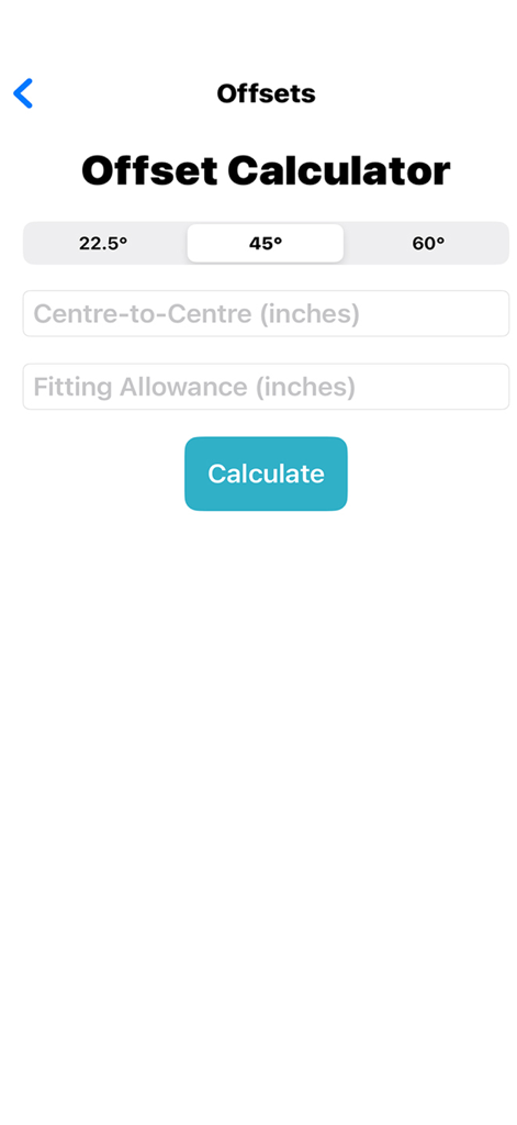 Interface of the Pipe Math offset calculator showing degree selections and measurement input fields.