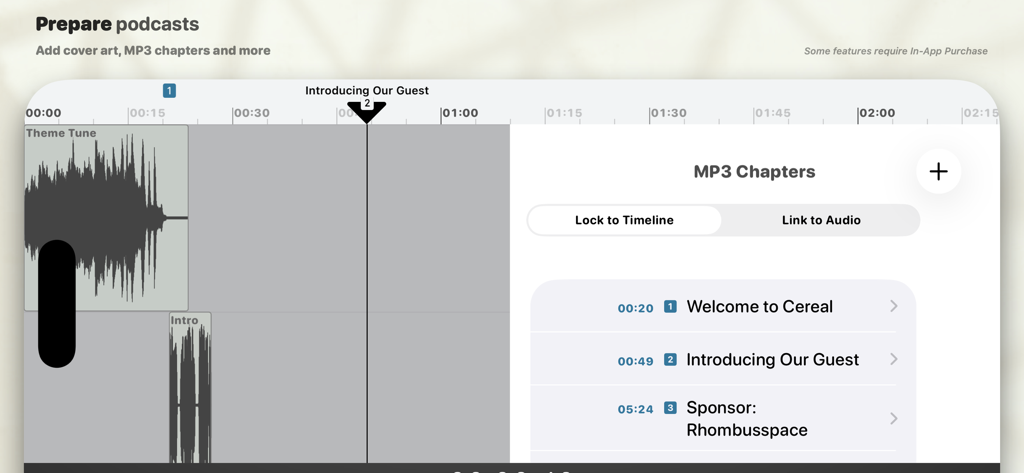 Ferrite Recording Studio - Interface of Ferrite Recording Studio showing the MP3 chapters editing tool with time-stamped titles for a podcast episode