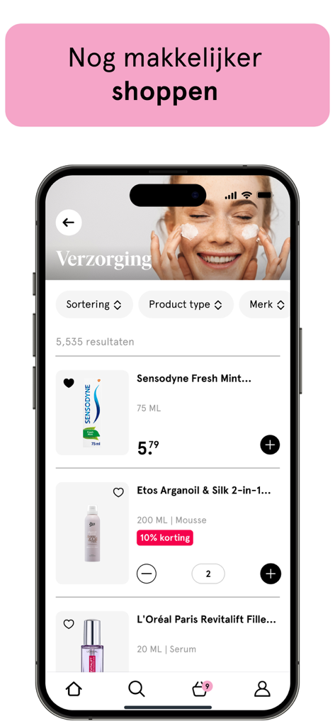 Benutzeroberfläche der mobilen Etos-App mit einem Produktkatalog für Körperpflegeartikel mit Preisen und Rabatten