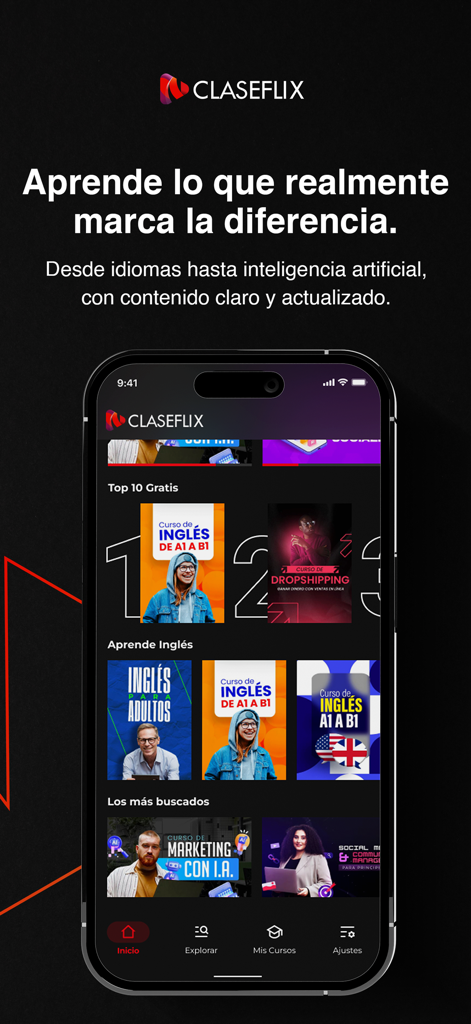 Claseflix - Cursos En Línea - App mobile Claseflix che mostra un catalogo di corsi online tra cui marketing digitale e inglese in spagnolo