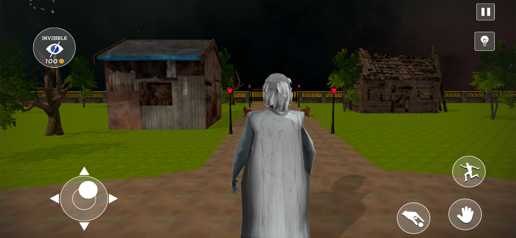 Scary Evil Granny Horror Game - Jugabilidad en tercera persona de una abuela fantasmal caminando por un parque embrujado con cobertizos abandonados.