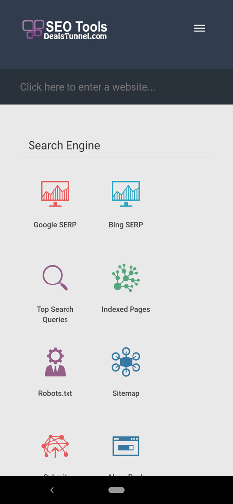 SEO Tools- Rank Quickly - Interface de l'application Outils SEO montrant des fonctionnalités d'optimisation pour les moteurs de recherche comme les vérifications Google SERP et sitemap