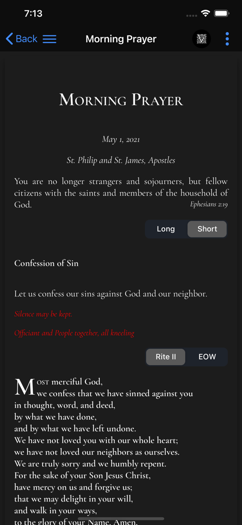 Venite.app - Venite app displaying Morning Prayer liturgy with confession of sin text and liturgical options