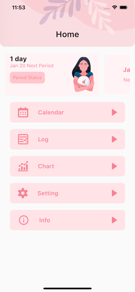 MenstruMate - Period Calender - MenstruMate app home interface showing a period countdown and menu buttons for calendar, logs, and health charts.
