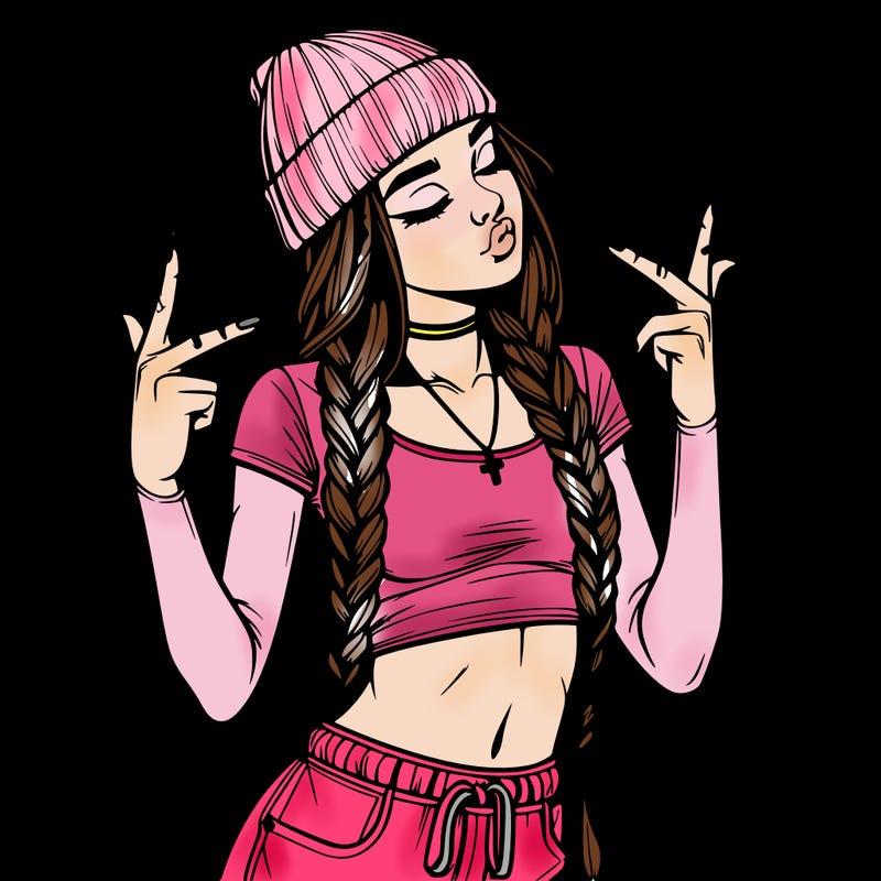 realistic teenage girl with braids and a beanie and crop top doing 🫶🏼