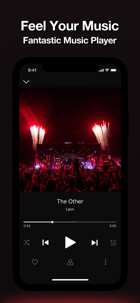 A screenshot of the ElfSounds music player app showing the playback screen with a concert image as album art.