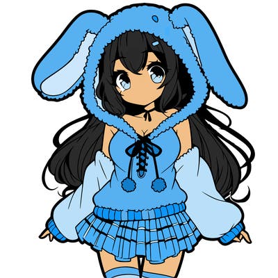 pretty anime girl wearing a fluffy hoodie with bunny ears on the hood and a skirt