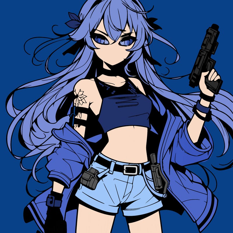 bad girl wearing crop top holding a gun long hair anime