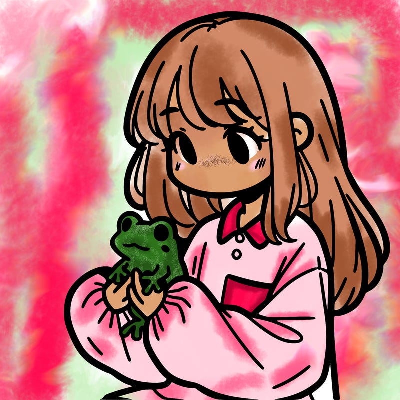 girl with long hair and a oversized shirt. and she is holding a frog