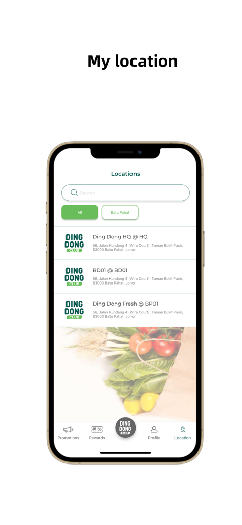 Ding Dong Fresh Club - 店舗検索機能と住所リストを備えた Ding Dong Fresh Club の店舗所在地を表示するモバイルアプリインターフェイス。