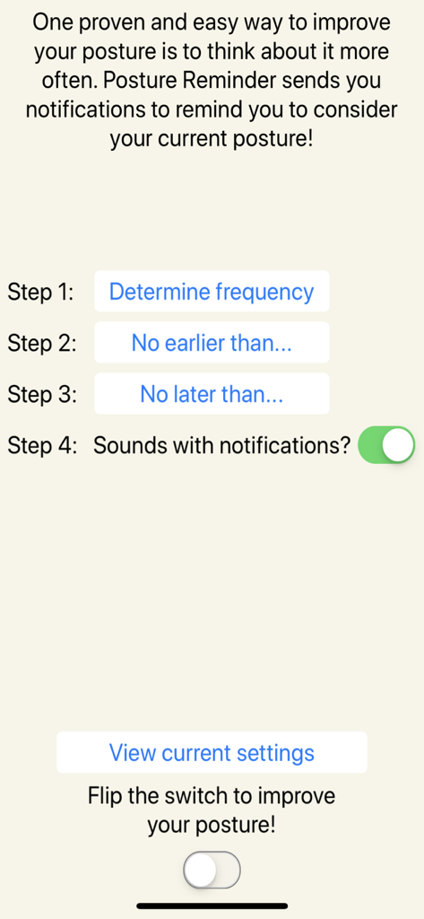 Posture Reminderアプリの設定画面、通知の頻度と時間設定を表示