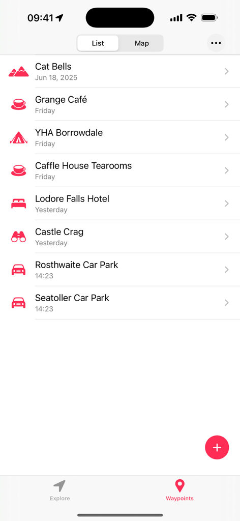 GPS OS Grid Reference - A list of saved waypoints in the GPS OS Grid Reference app including hiking spots and local amenities