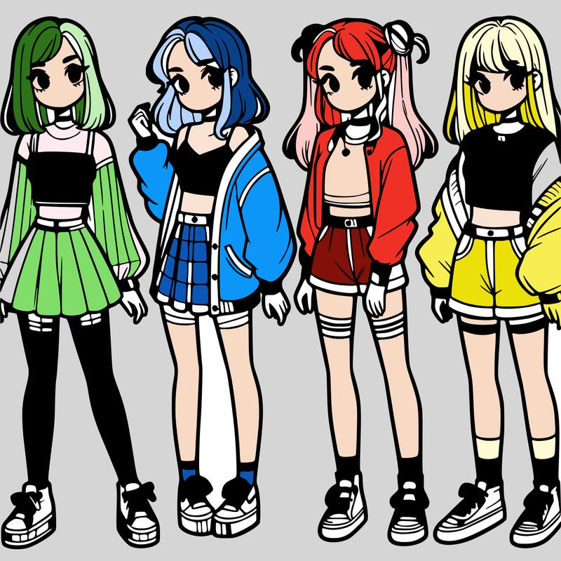 one girl with crop-top shirt and a jacket with a skirt, long socks and another girl with a shirt and pants with a jacket