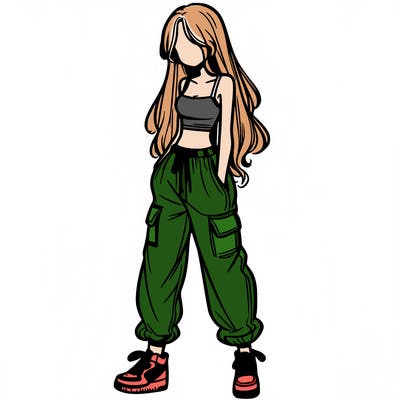 girl in baggy pants crop top and long hair