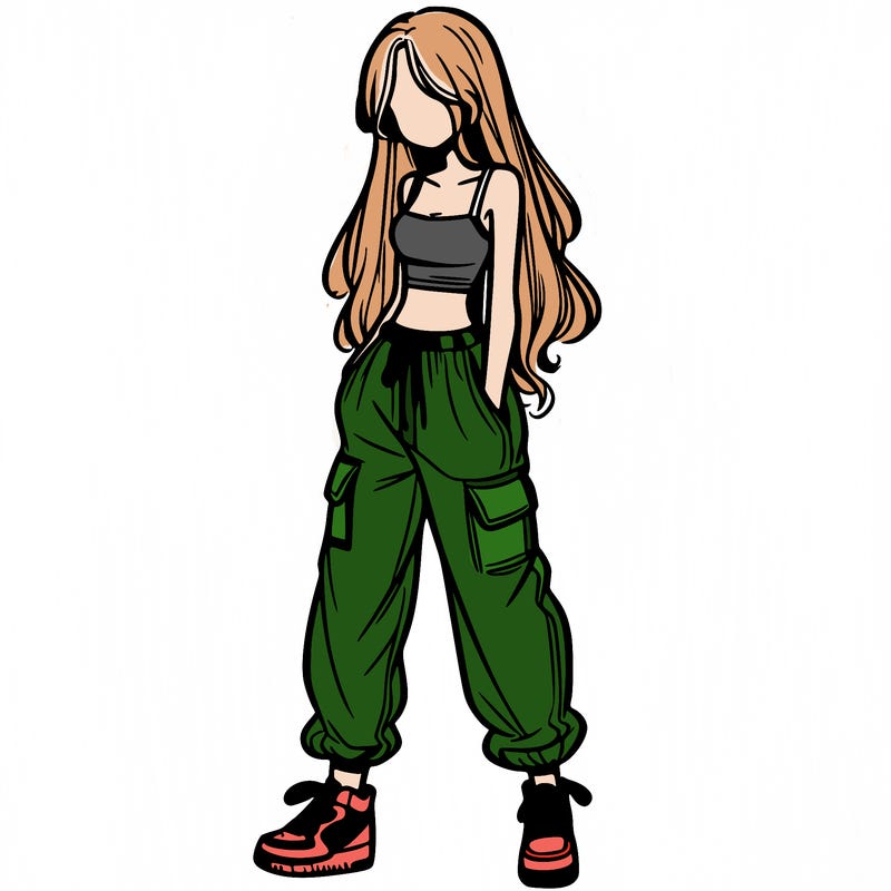 girl in baggy pants crop top and long hair