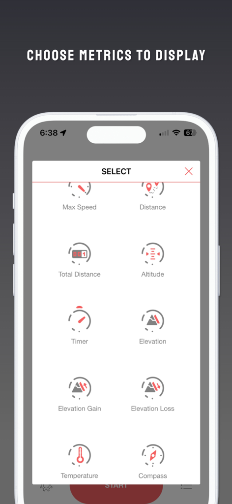 Bike GPS: Ride route tracker - Una pantalla en la aplicación GPS para Bicicleta que permite a los usuarios elegir métricas de ruta como velocidad, distancia y elevación