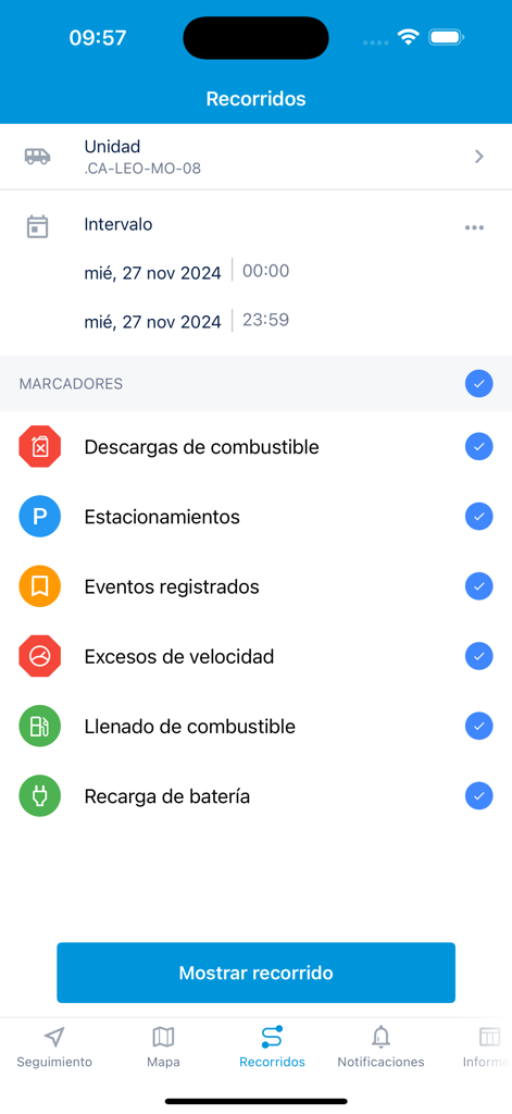 Ontrack Systems Ghost - Screenshot of Ontrack Systems Ghost app route history settings showing filters for fuel, parking, and speeding events.