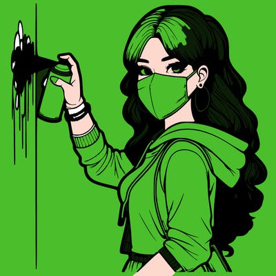 realistic girl with mask spray painting a wall