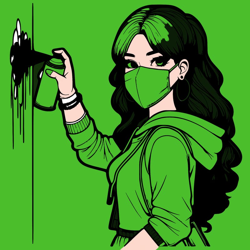 realistic girl with mask spray painting a wall