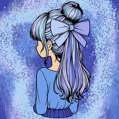 realistic girl  with hip length hair a bun and a big bow on the back of head