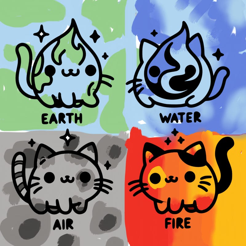 4 cats that represent the different elements, earth, water, air, and fire