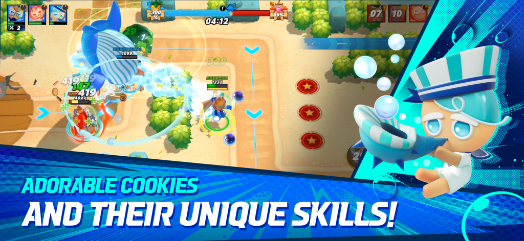 CookieRun: OvenSmash - Strategic real-time battle in CookieRun OvenSmash showing adorable characters using unique skills and summons on a colorful map.