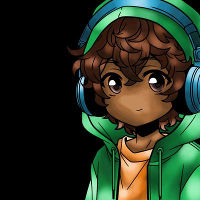anime boy with headphones wearing a hoodie and curly hair