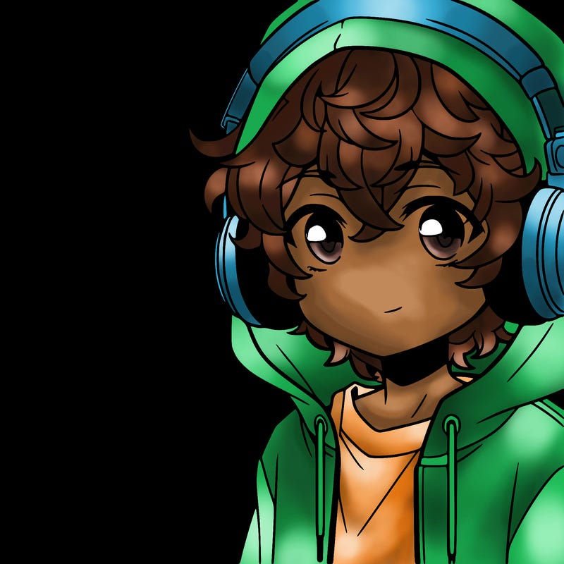 anime boy with headphones wearing a hoodie and curly hair