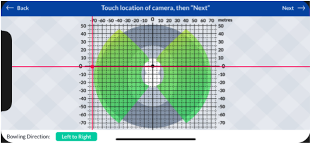 SmartPitch app calibration screen for camera placement on a baseball field grid