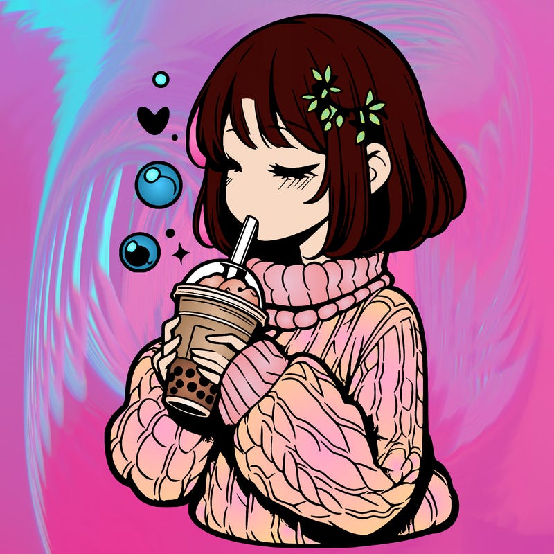 manga girl drinking boba in cozy sweater