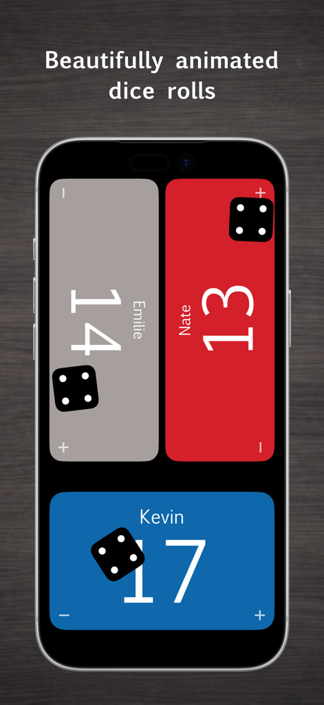 Mutility: MTG Life Counter - Mutility app interface on an iPhone displaying three players with life totals and animated dice icons for a Magic The Gathering game.