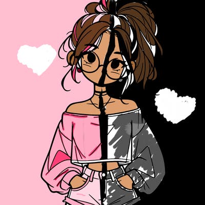 girl with a messy ponytail glasses a baggy crop top and jean shorts