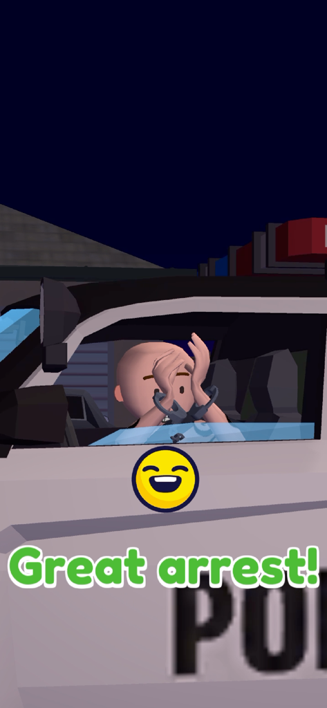 Traffic Cop 3D - Un sospechoso esposado dentro de un coche de policía con un texto de Gran arresto superpuesto