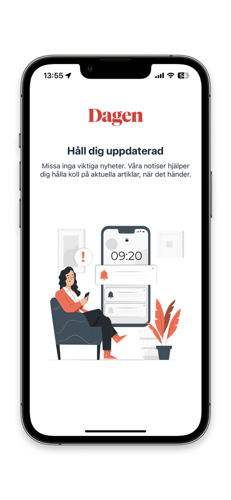 Dagen.se - Onboarding screen of the Dagen news app showing push notification features for Swedish news