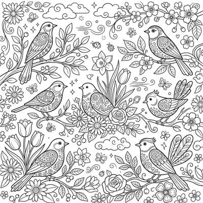 Dive into the beauty of spring with this exquisite coloring page featuring six uniquely patterned bird figurines nestled among blooming flowers and lush foliage. This intricate design offers a detailed and relaxing creative experience for all ages.