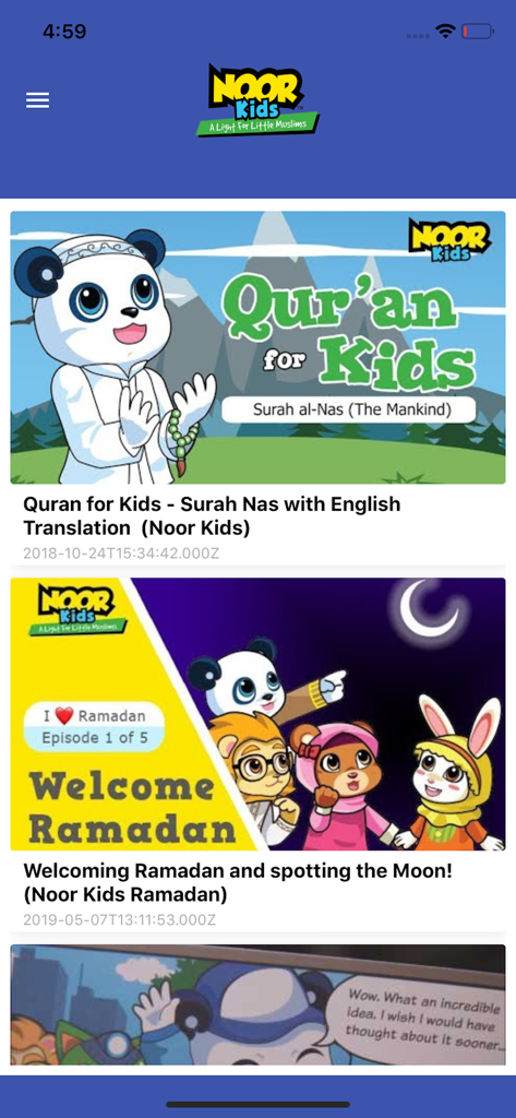 Noor Kids - Noor Kids app interface featuring educational videos for children about the Quran and Ramadan