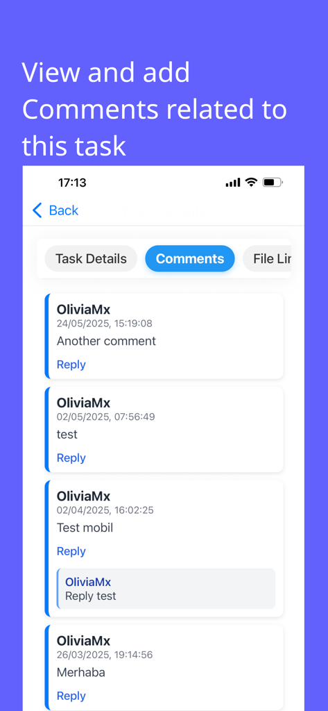 GanttMaster - Manage Projects - GanttMasterアプリのモバイル画面。プロジェクトタスクのコメントセクションと返信を表示。