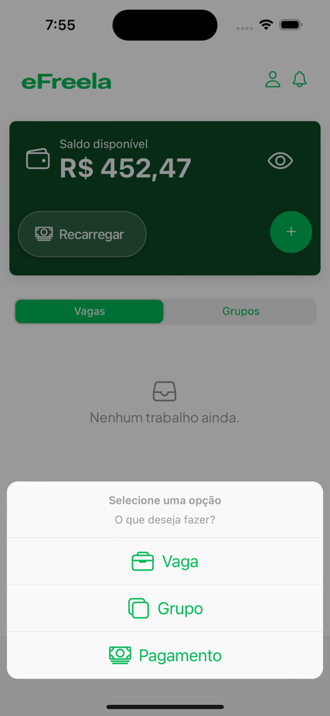 eFreela - Empresas - Interface of the eFreela app with balance and menu options for jobs and payments