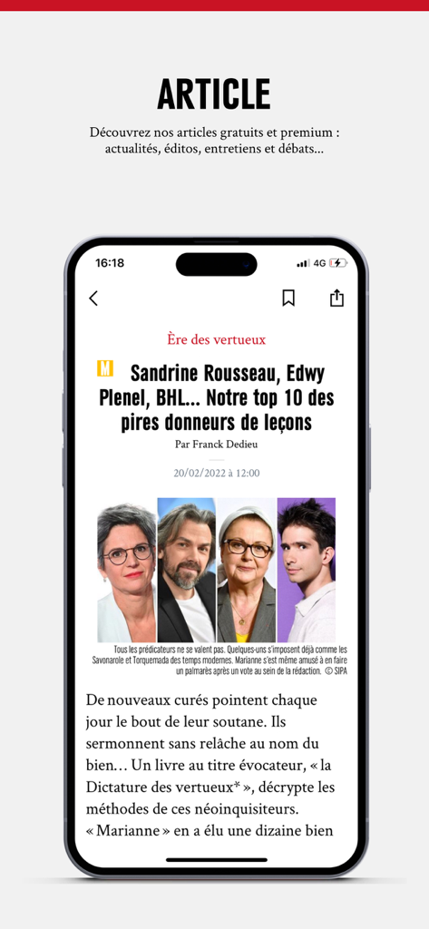 Marianne - Actualités & Débats - Interface de l'application Marianne affichant un article d'actualité avec des commentaires politiques.