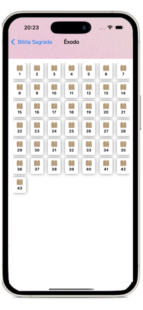 Biblia Católica  - Ave Maria - Diseño de cuadrícula para seleccionar capítulos del Libro de Éxodo en la aplicación Biblia da Mulher.