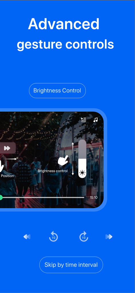 MX Player - Media Video Player - MX Player app interface showing advanced gesture controls for brightness adjustment and skip by time interval features