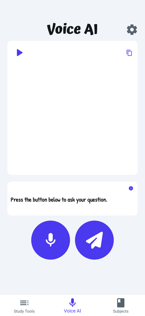Tela de IA por Voz do aplicativo StudySmart AI mostrando o botão do microfone para fazer perguntas sobre o dever de casa.