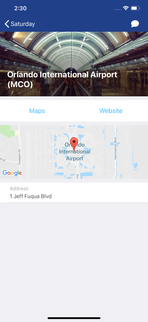 My Travel Planner App - My Travel Planner App screen showing Orlando International Airport MCO details including a map and address