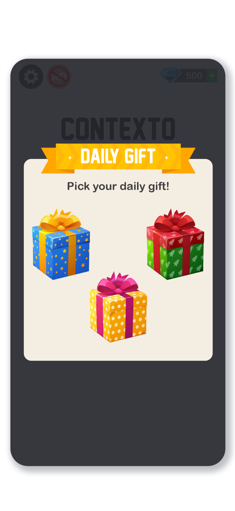 Contexto - Word Guess - Contexto Word Guess daily gift selection screen with three colorful present boxes