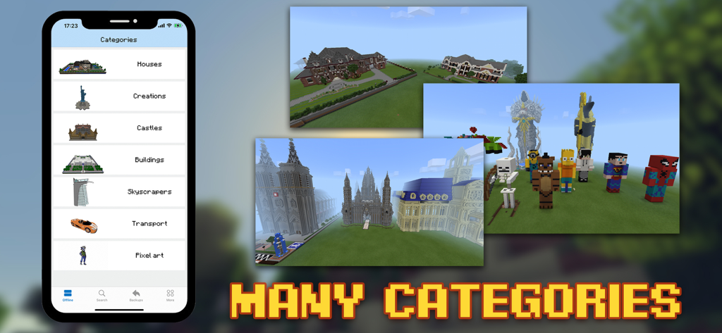 Minecraft building categories menu and 3D build previews