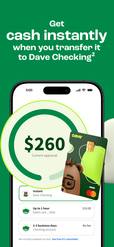 Pantalla de la aplicación Dave mostrando 260 dólares aprobados para ExtraCash con opciones de transferencia instantánea a Dave Checking.