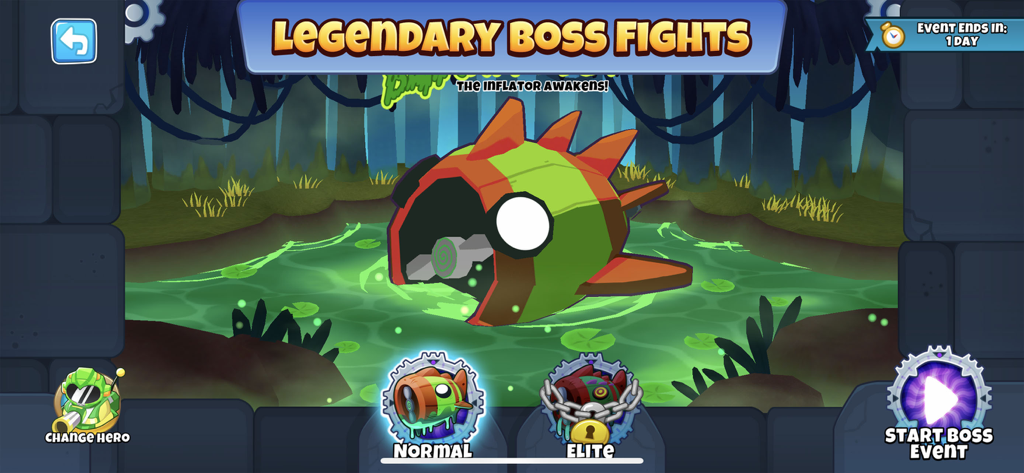 A legendary boss fight menu in the Bloons TD 6 Netflix mobile app showing a giant boss bloon in a swamp environment
