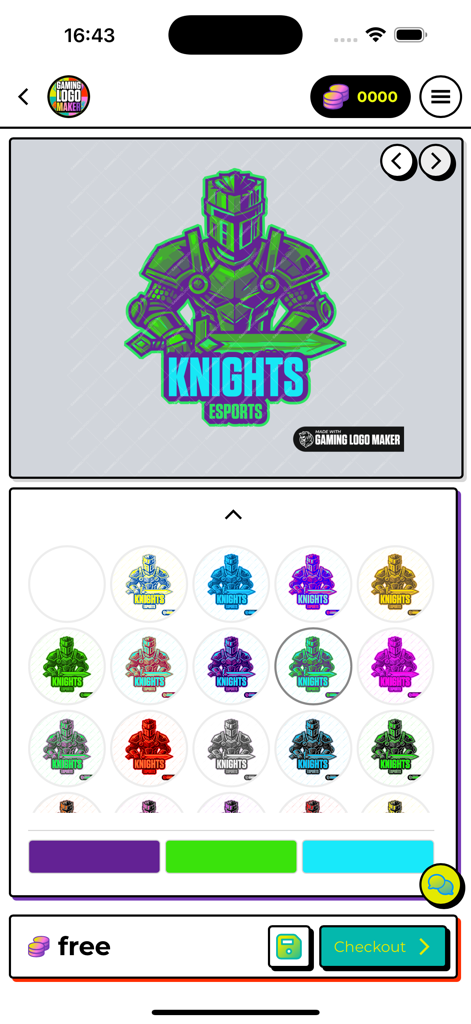 Mobile app interface showing color customization options for a knight mascot esports logo template